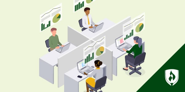 Four people sit working in cubicles with a light green background and pops of yellow