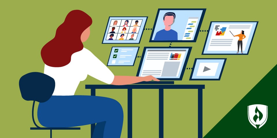 Illustrated woman working on online coursework at a computer