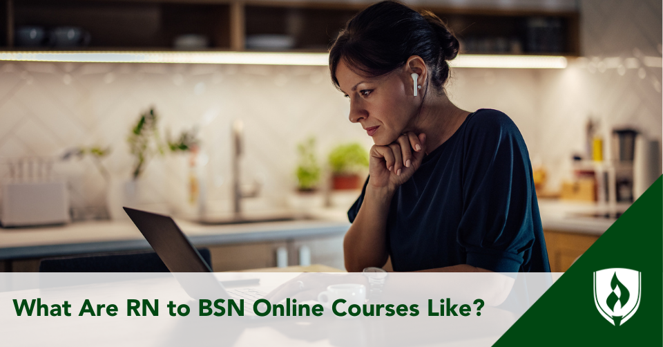 A nurse takes an RN to BSN online course at her kitchen table at night