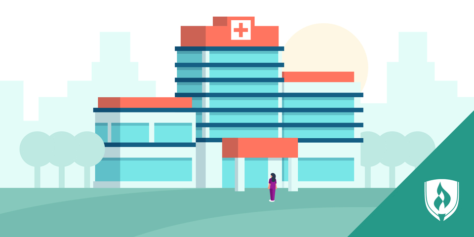 Illustration of a healthcare worker standing outside of a hospital
