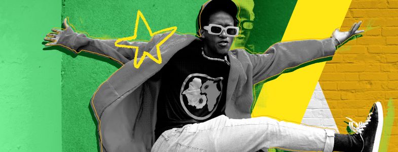 High School student wearing sunglasses kicking foot with outstretched arms