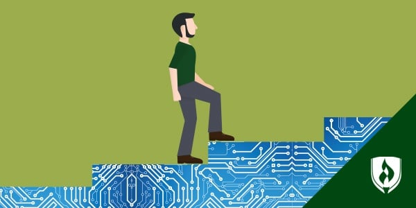 illustration of a male walking up a circuit board representing top it job titles