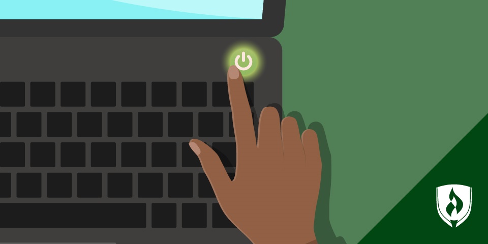 illustration of a laptop and a finger pressing the on button