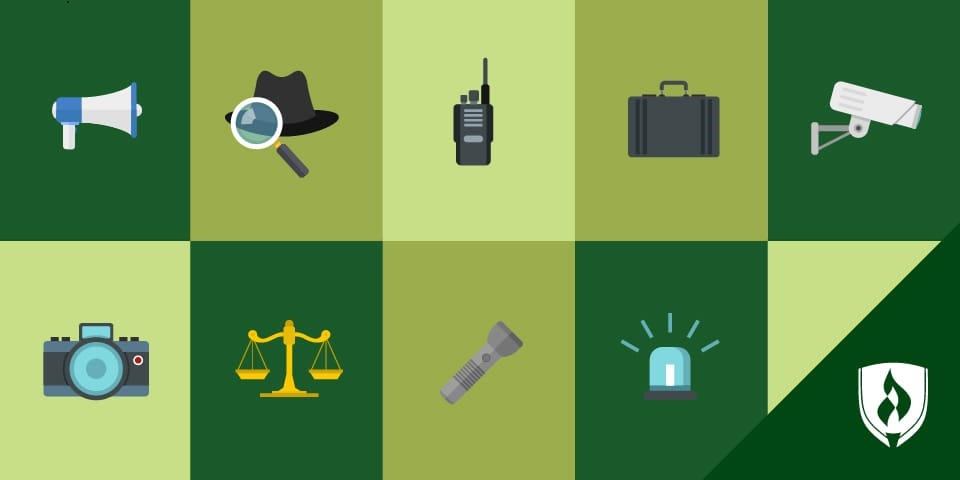 Blue checkerboard image with several tools and icons related to criminal justice jobs.