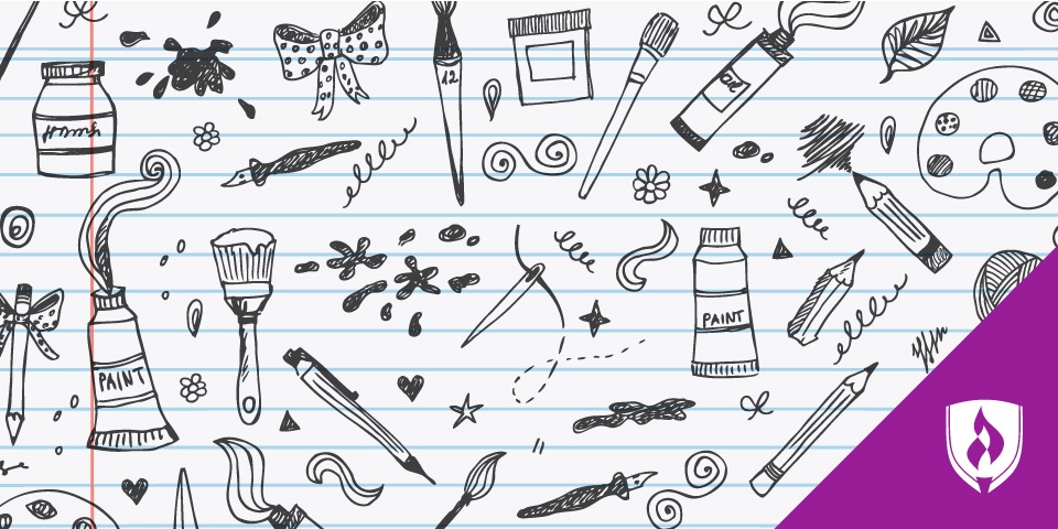 illustrations of various paint brushes, easels, pencils, leaves and bows surrounding the article's title