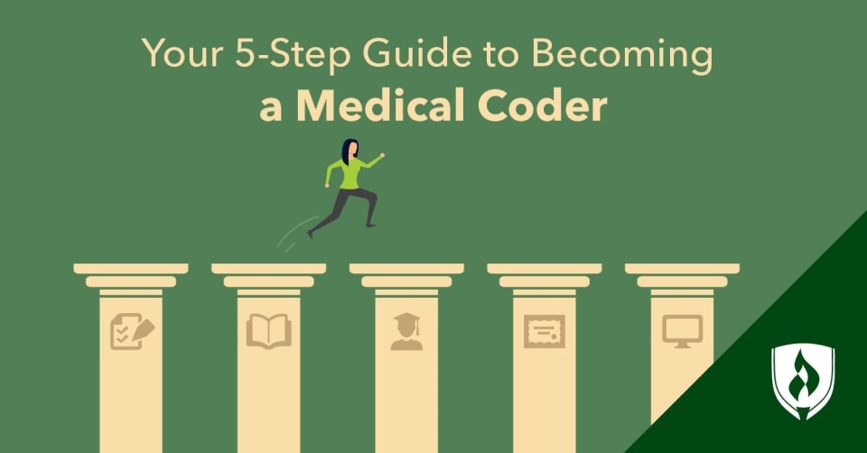 illustration of women hoping from podium to podium with icons representing the path to becoming a medical coder