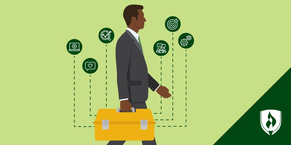 illustration of a man in a suit holding a toolbox with different marketing skills icons coming out of it
