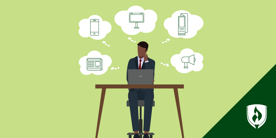 illustration of a marketing professional with icons of marketing jobs around