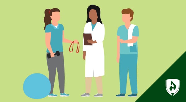 illustration of a physical therapist, physical therapist assistant and pt aide representing physical therapy careers