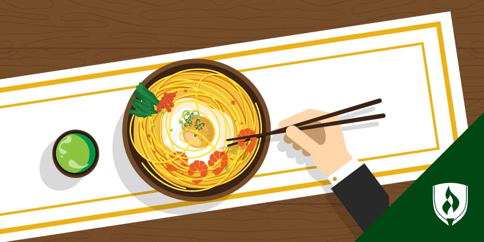 illustration of someone eating a bowl of ramen noodles with chop sticks