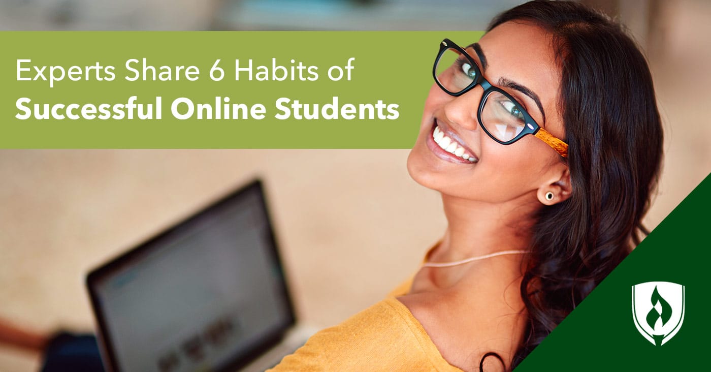 photo of an online student smiling at the camera with a laptop