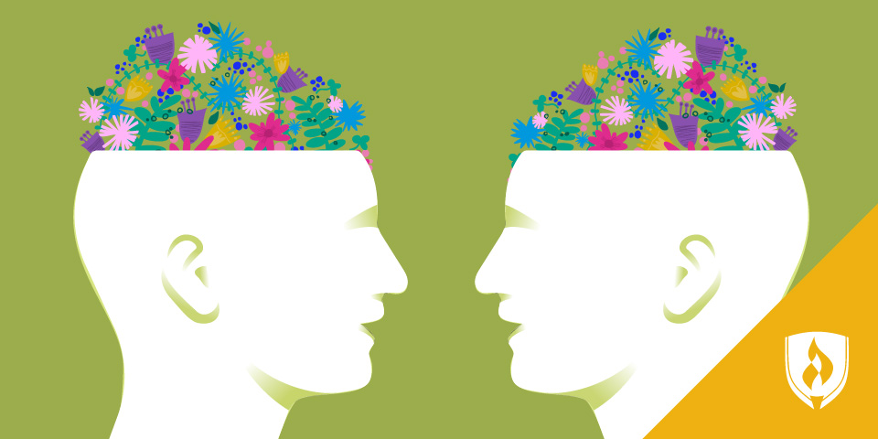 two illustrated heads with flowers blooming out of them