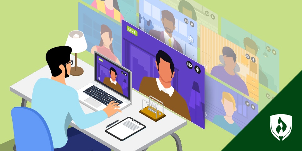 illustration of a mental health provider seeing a patient on telehealth while other patients wait in line behind representing the demand for mental health services