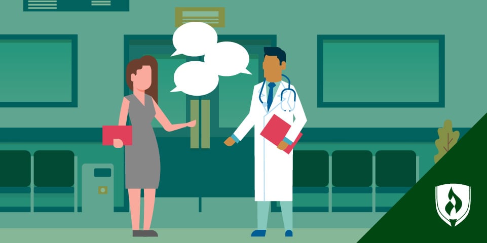 illustration of a women speaking with a medical provider representing health literacy
