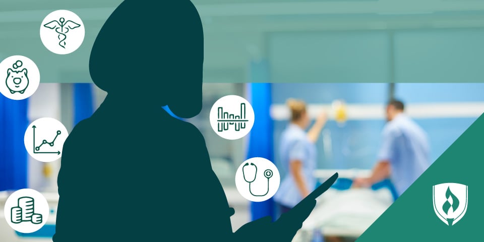 Silhouette of a healthcare administrator working, with icons representing skills floating around her.