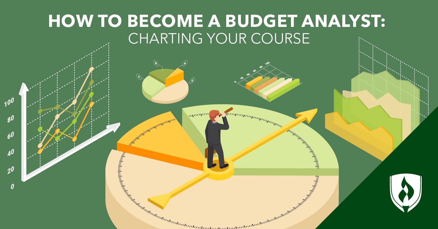 illustration of a budget analyst looking a wide range of graphs with a telescope representing how to become a budget analyst
