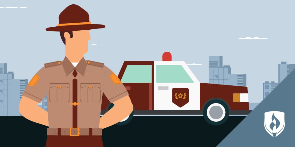 illustration of state trooper in front of patrol car