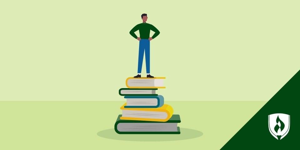 illustration of a college student standing on stack of books looking happy