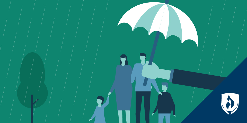 illustration of an umbrella covering a family in the rain