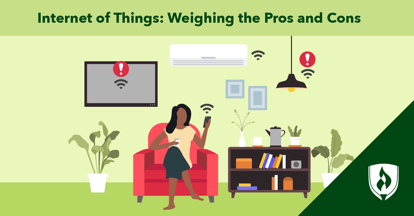 illustration of a woman sitting at home with the wifi signal above different objects representing internet of things