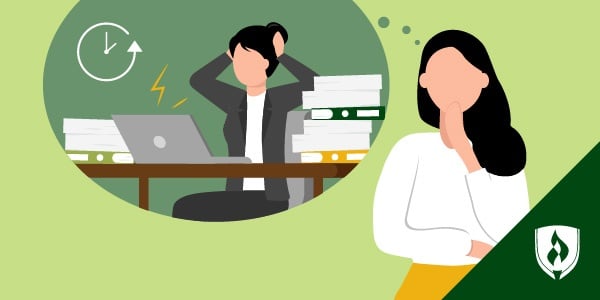 illustration of a woman looking stressed at a desk within a thought bubble representing is accounting stressful