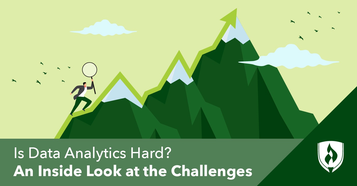 illustration of a data analytics professional climbing a mountain representing is data analytics hard