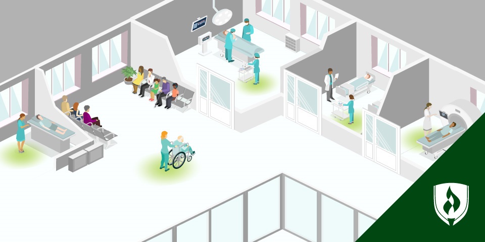 illustrated isometric view of the hosptial with jobs similar to nursing shown