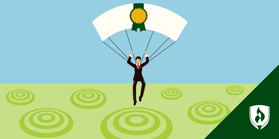 illustration of a business man landing in a parachute made out of a business degree diploma
