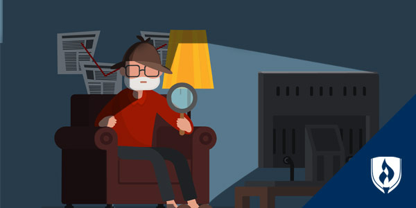 illustrated man sitting in a detective sleuth outfit in front of TV