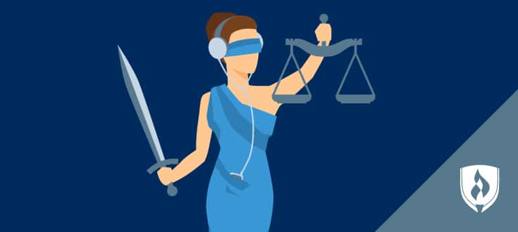 illustration of lady justice listening to headphones