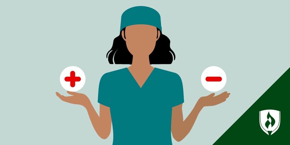 Illustration of a nurse shrugging her shoulders with a plus and minus sign over each hand