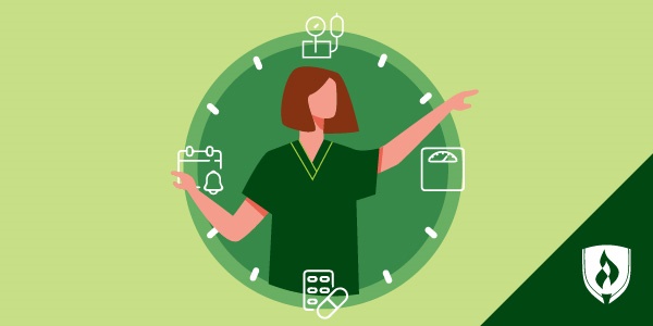 illustration of a medical assistant with arms outstretched on a clock and different icons at different times representing a day in the life of a medical assistant and medical assistant duties