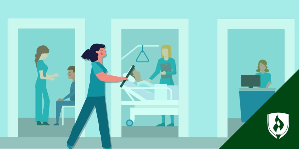 illustrated woman walking through healthcare facility