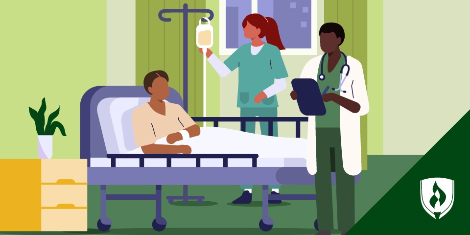 illustration of a registered nurse giving meds via IV and a nurse practitioner holding a tablet