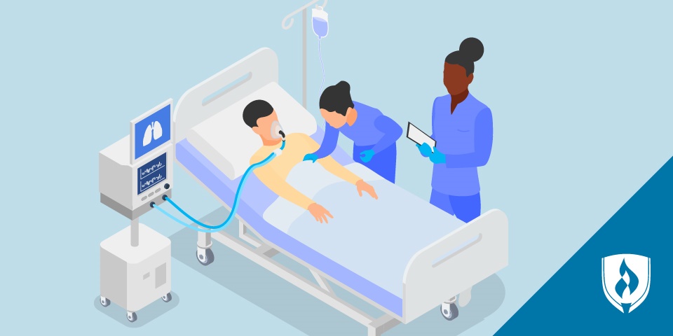 illustration of a respiratory nurse at the bedside of a patient on a ventilator