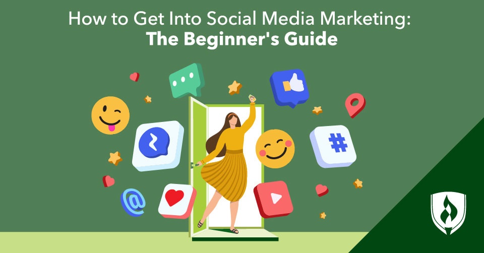 illustration of woman in yellow walking through a doorway with emojis and other social media symbols representing how to get into social media marketing