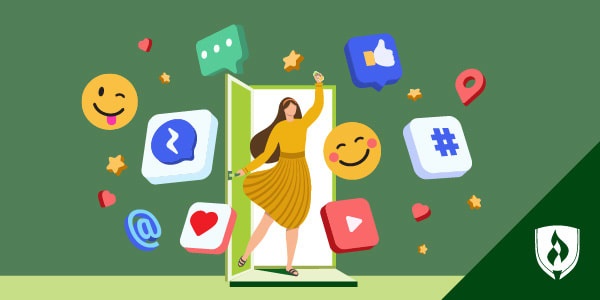 illustration of woman in yellow walking through a doorway with emojis and other social media symbols representing how to get into social media marketing