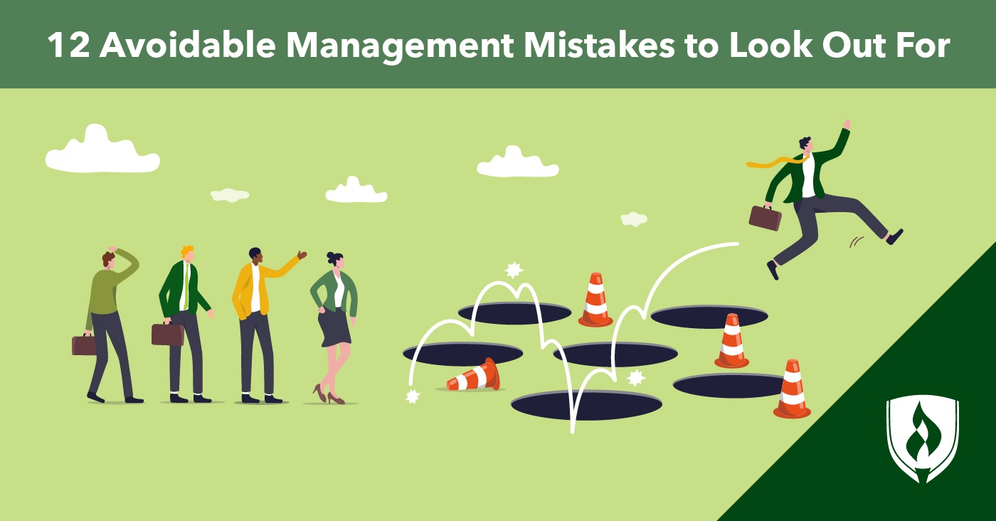 illustration of a business man jumping over sinkholes representing management mistakes