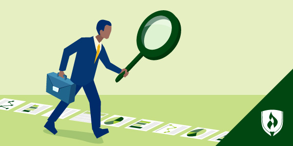 illustration of an accountant with a magnifying glass following a trail of documents representing what is forensic accounting