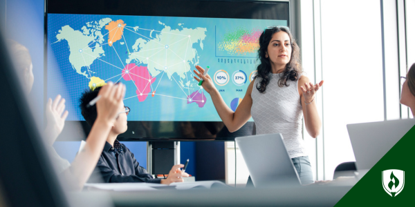 A supply chain management professional giving a presentation in front of a world map