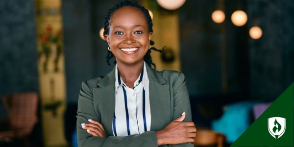 An HR pro smiles in a modern office