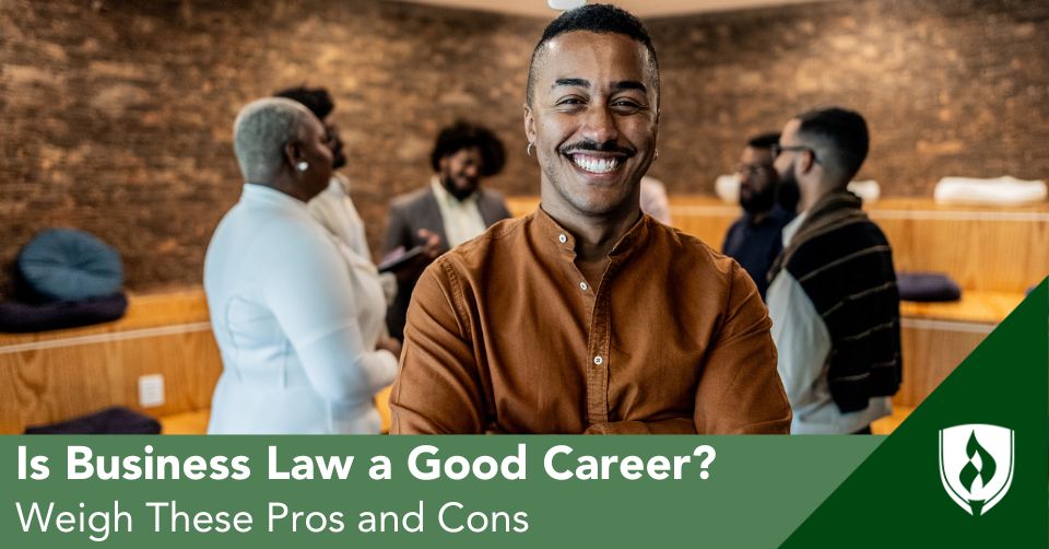 business law header A Business Lawyer stands in front of a meeting