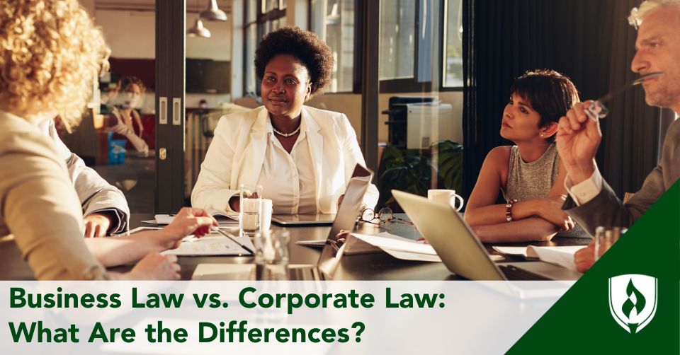 A corporate lawyer and business lawyer meet with executives