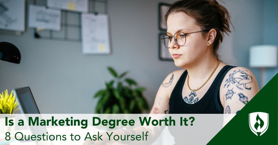 marketing degree worth it header A student works on a marketing project