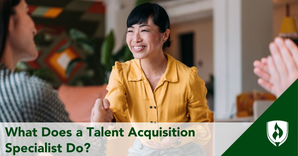 talent acquisition specialist header A talent acquisition specialist shakes hands with a job applicant