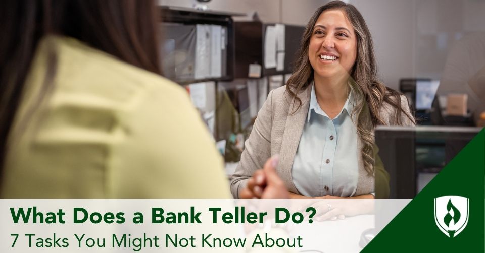 A bank teller greets a customer