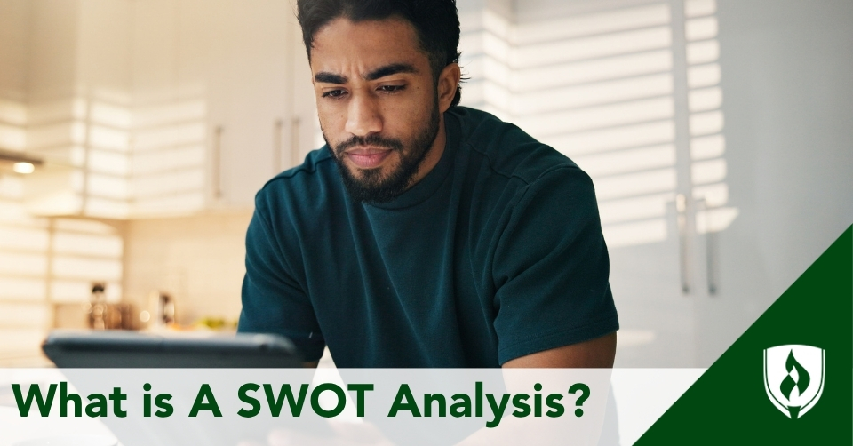 SWOT analysis header A business owner researches using a SWOT analysis