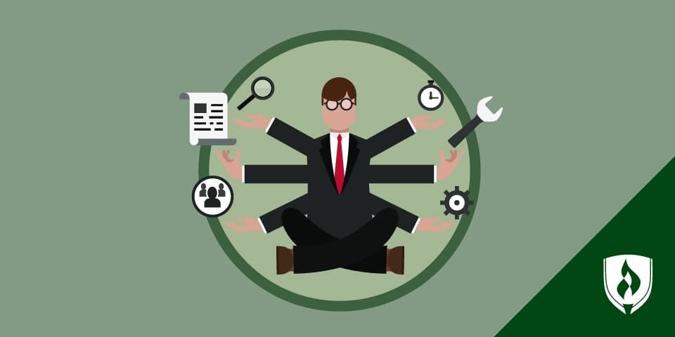 illustration of a manager with multiple hands juggling paper, clock, people