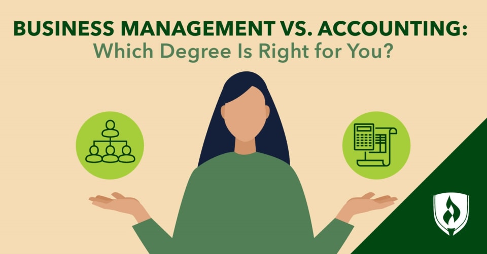 illustration of a woman with her arms considering business management vs accounting