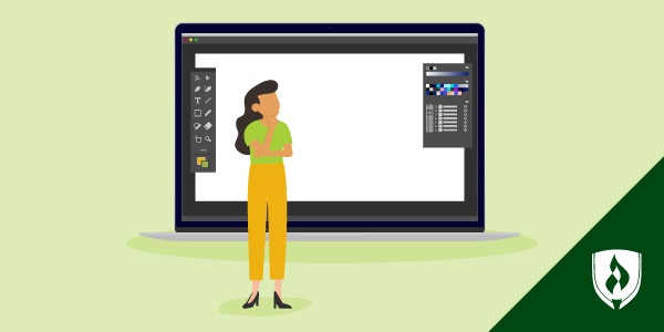 illustration of a graphic designer standing in front of a laptop representing how to get started in graphic design